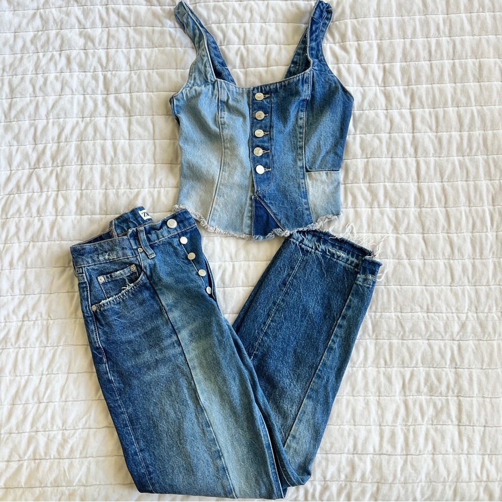 Zara patchwork top & mid rise straight leg ankle denim set.